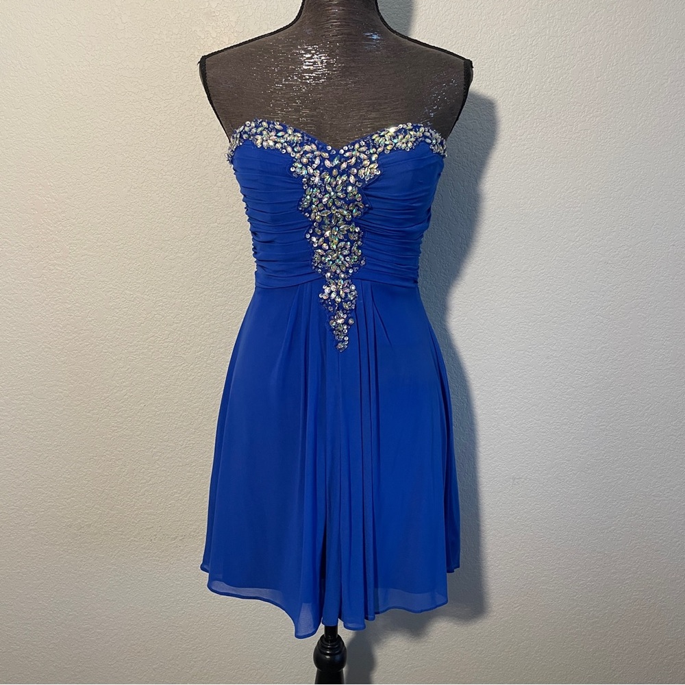Blondie Nites Blue Strapless Ruched Embellished Dress